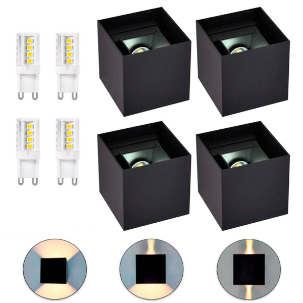 4 stk. Udendørs Væglampe inkl. G9 Pærer - 3000K - Facadelampe - Sort - Up & Down Light