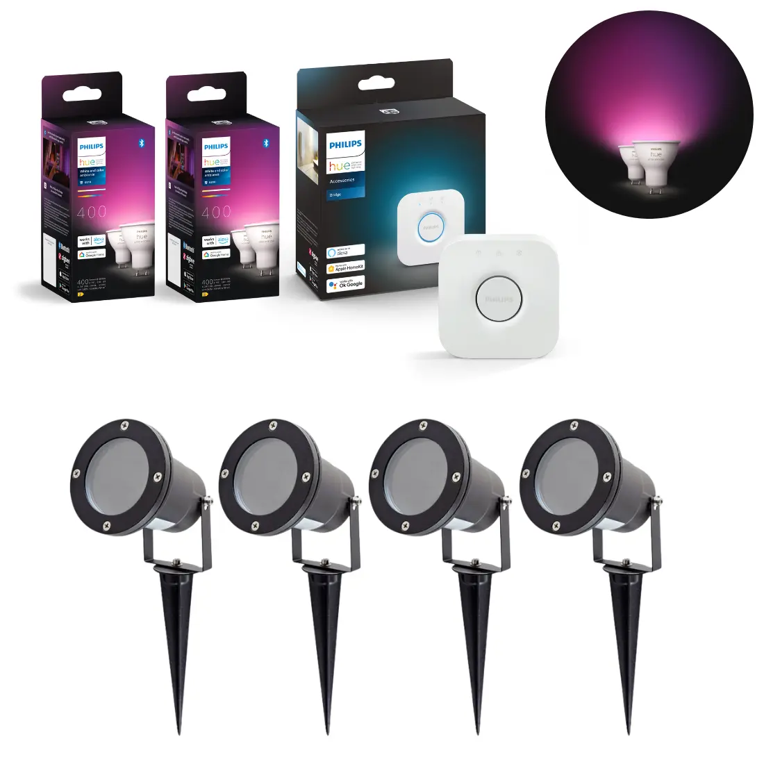 Havespot Sæt - 4-Pak - Inkl. Philips Hue Gu10 - White & Color Ambiance - Bridge - 400lm - 4,2W