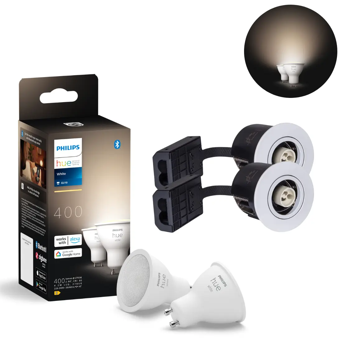 Indbygningsspot Sæt - 2-Pak - Inkl. Philips Hue GU10 - White - 2700K - 400lm - 4,2lm - Hvid