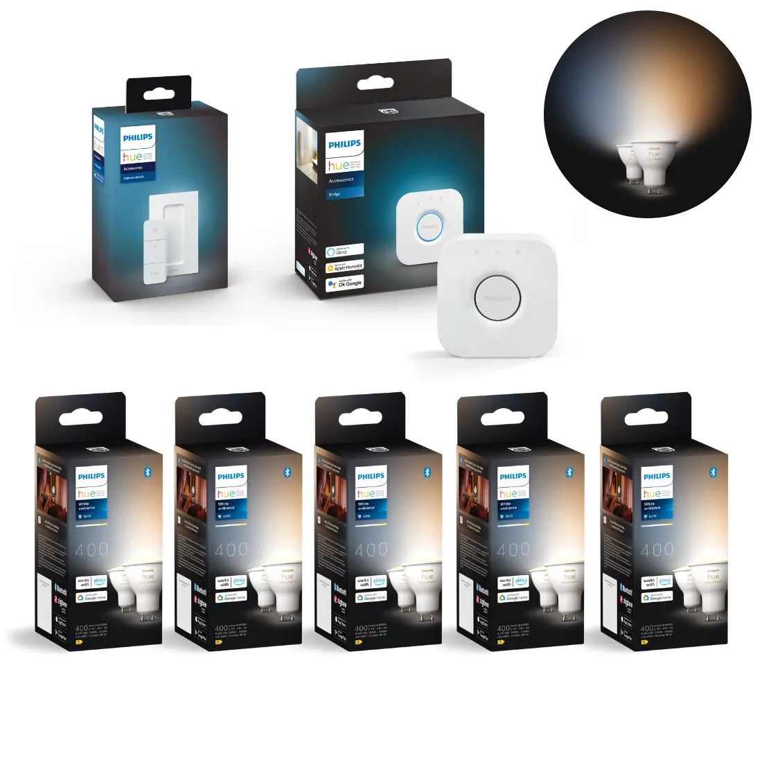 Philips Hue GU10 Startsæt - 10-Pak - White Ambiance - Bridge + Switch - 400lm - 4,2W
