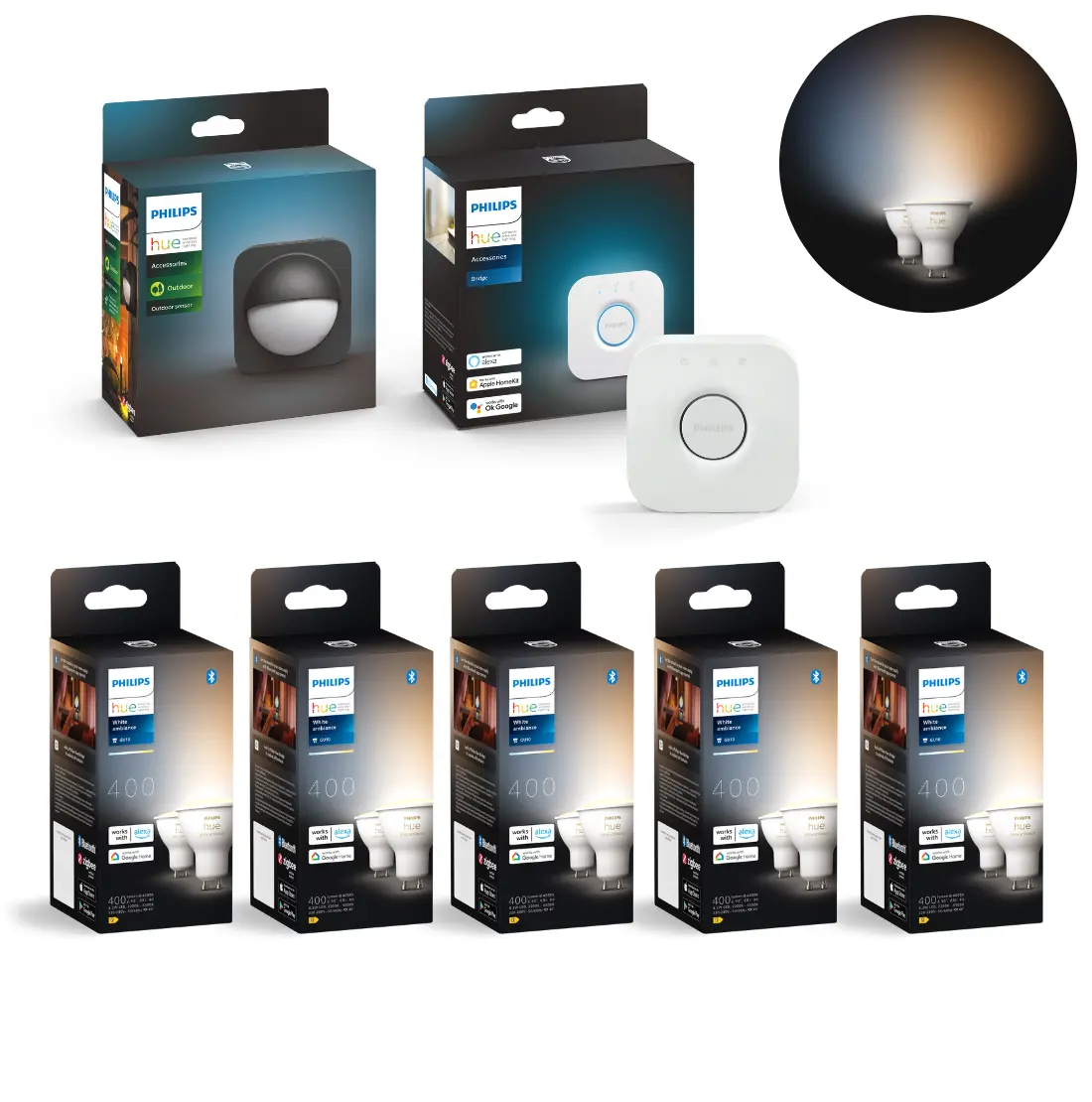 Philips Hue GU10 Startsæt - 10-Pak - White Ambiance - Bridge + Sensor Udendørs - 400lm - 4,2W