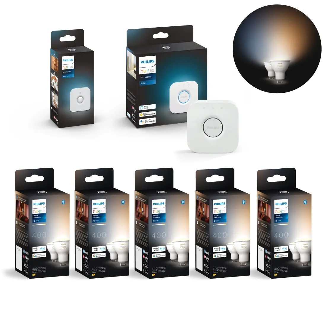 Philips Hue GU10 Startsæt - 10-Pak - White Ambiance pærer - Bridge + Sensor - 400lm - 4,2W