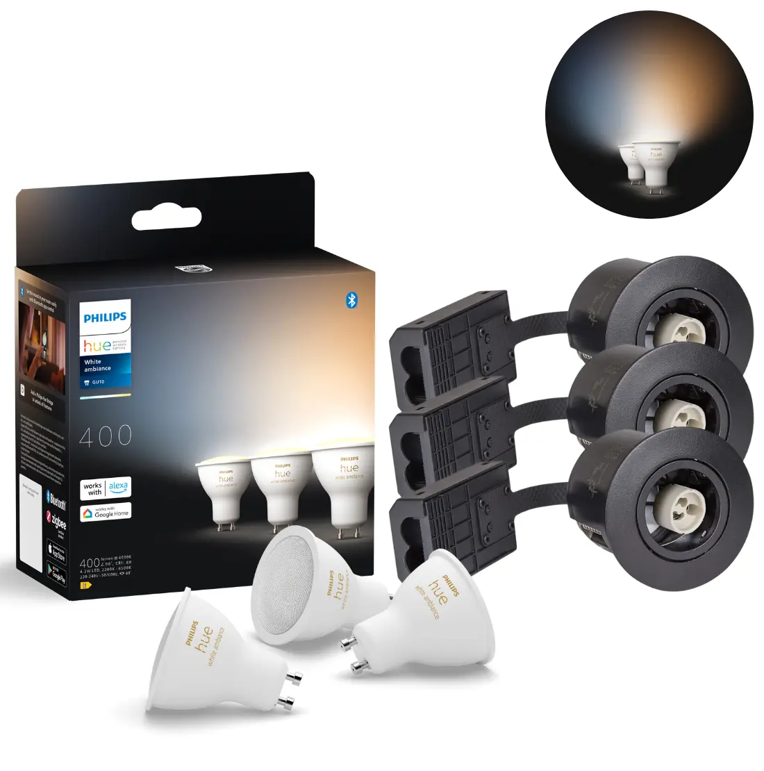 Udendørs Indbygningsspot - 3-Pak - Inkl. Philips Hue GU10 - White Ambiance - 400lm - 4,2W - Sort