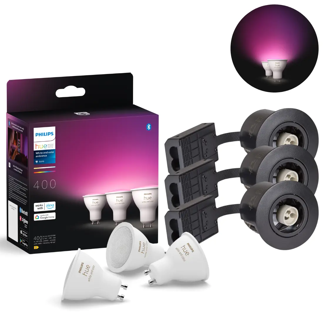 Udendørs Indbygningsspot - 3-Pak - Inkl. Philips Hue GU10 - White & Color Ambiance - 400lm - 4,2W - Sort