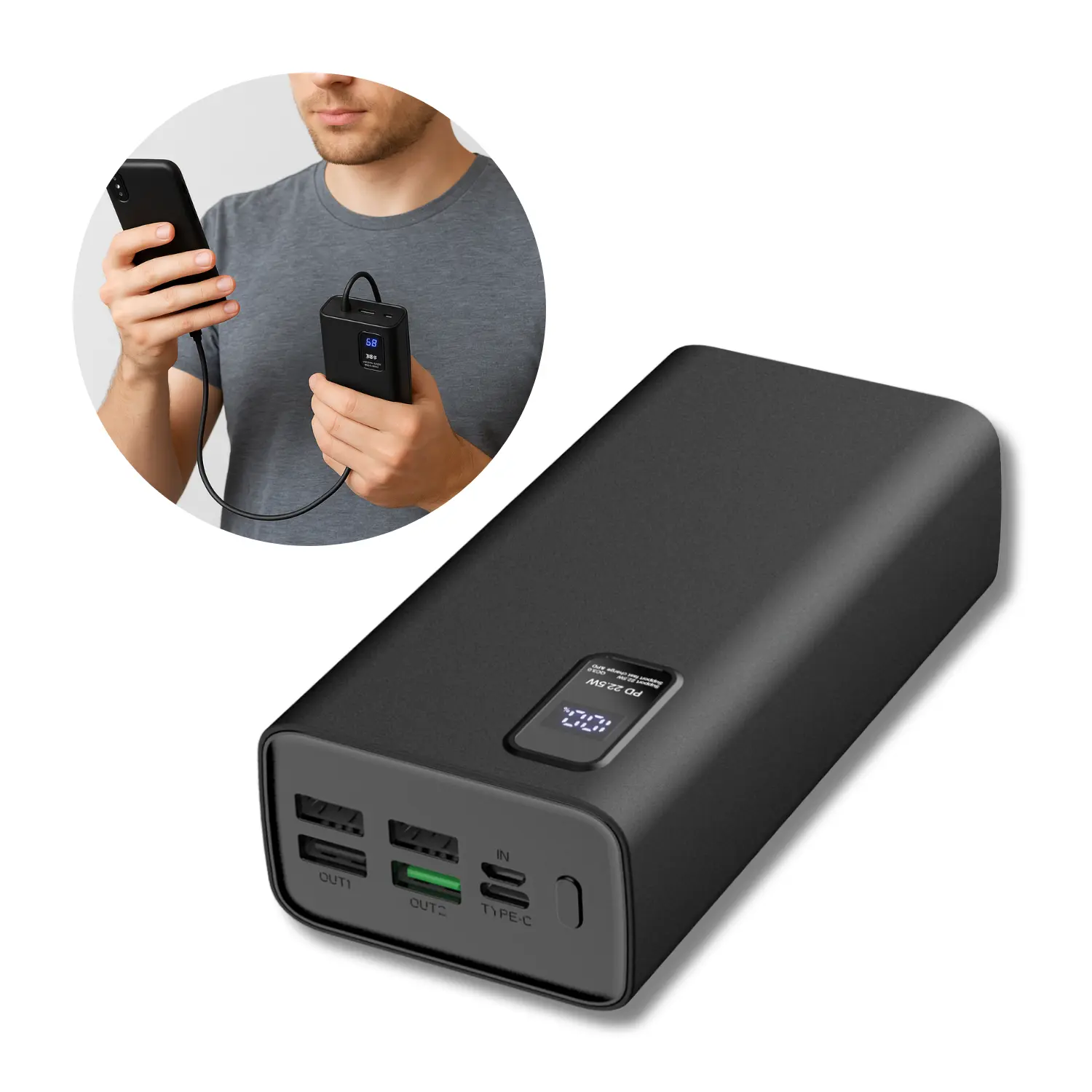 Powerbank 30000mAh - 22W - QC 3.0 - USB-C & USB-A - Sort