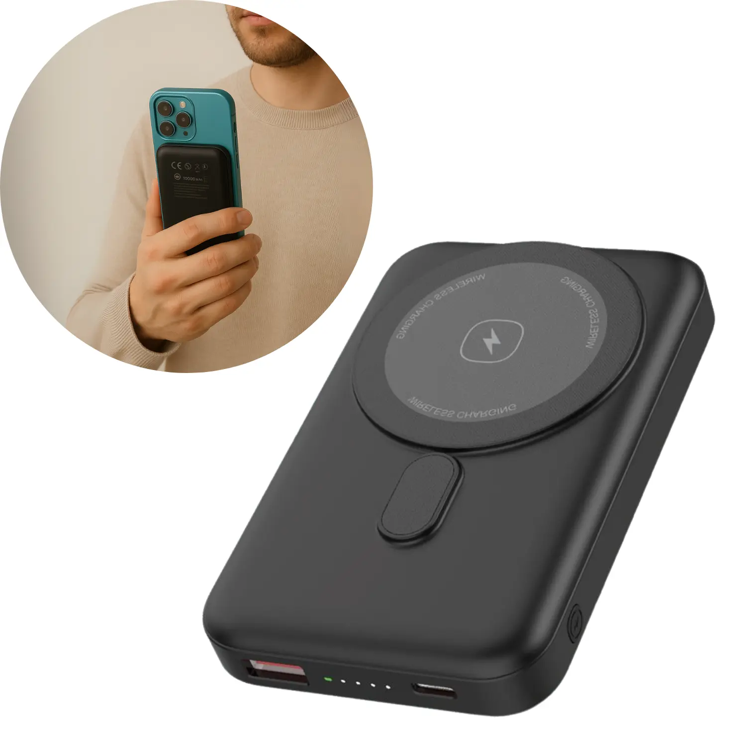 Powerbank 10000mAh - 15W - MagSafe kompatibel - USB-C & USB-A - Sort