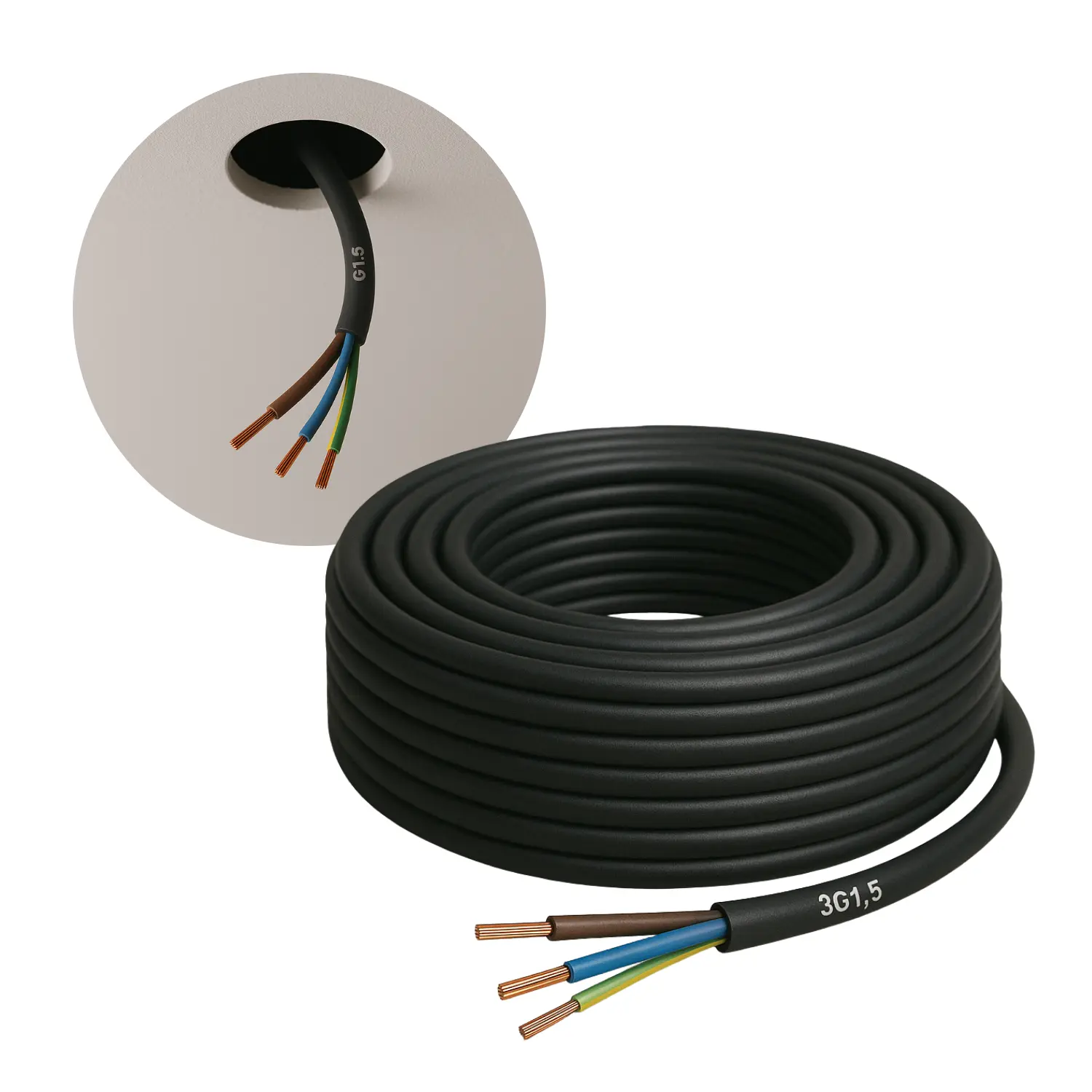Downlight kabel 3g1,5 mmÂ² - 25 meter - 90Â°C - Sort