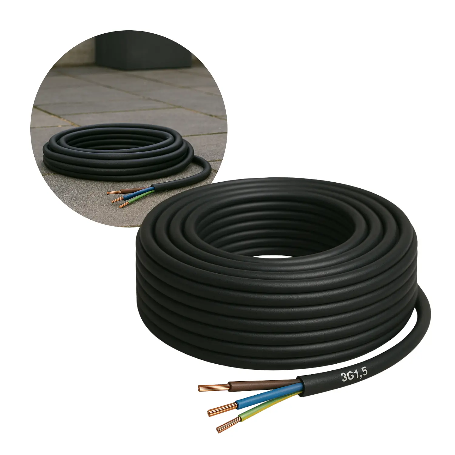 Gummikabel 3g1,5 mmÂ² - 10 meter - 70Â°C - Sort