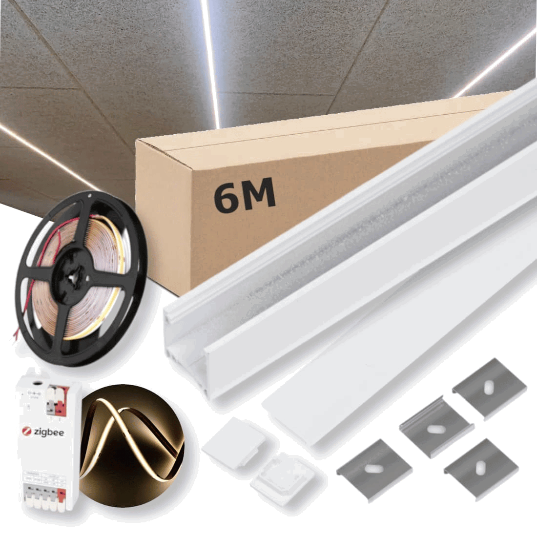Zigbee Lysskinne til Troldtekt - 6m Sæt - 24v COB LED - Hvid - 3000K
