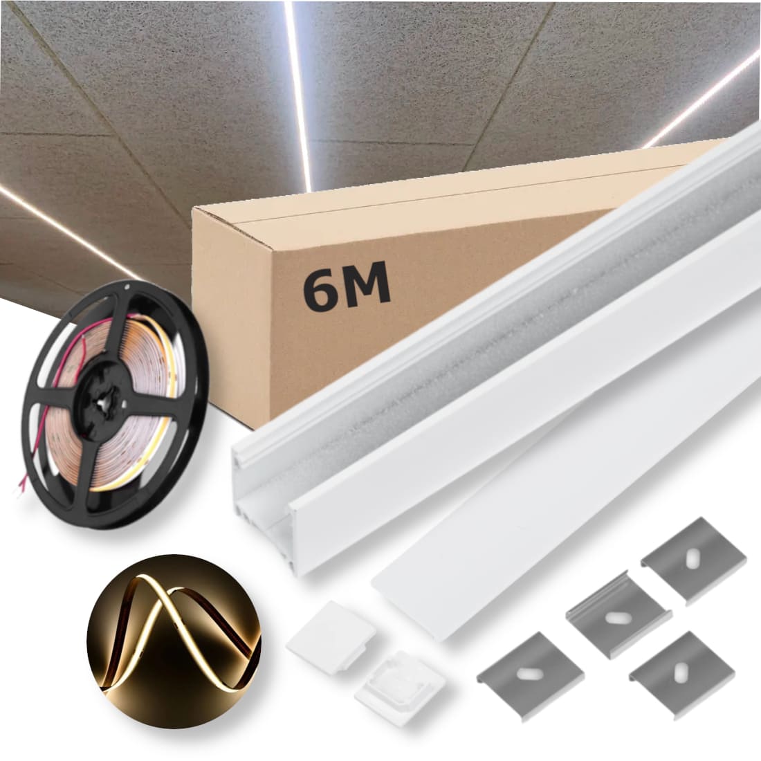 Lyskinne til Troldtekt COB - 6m Sæt - 24v LED - Hvid - 3000K