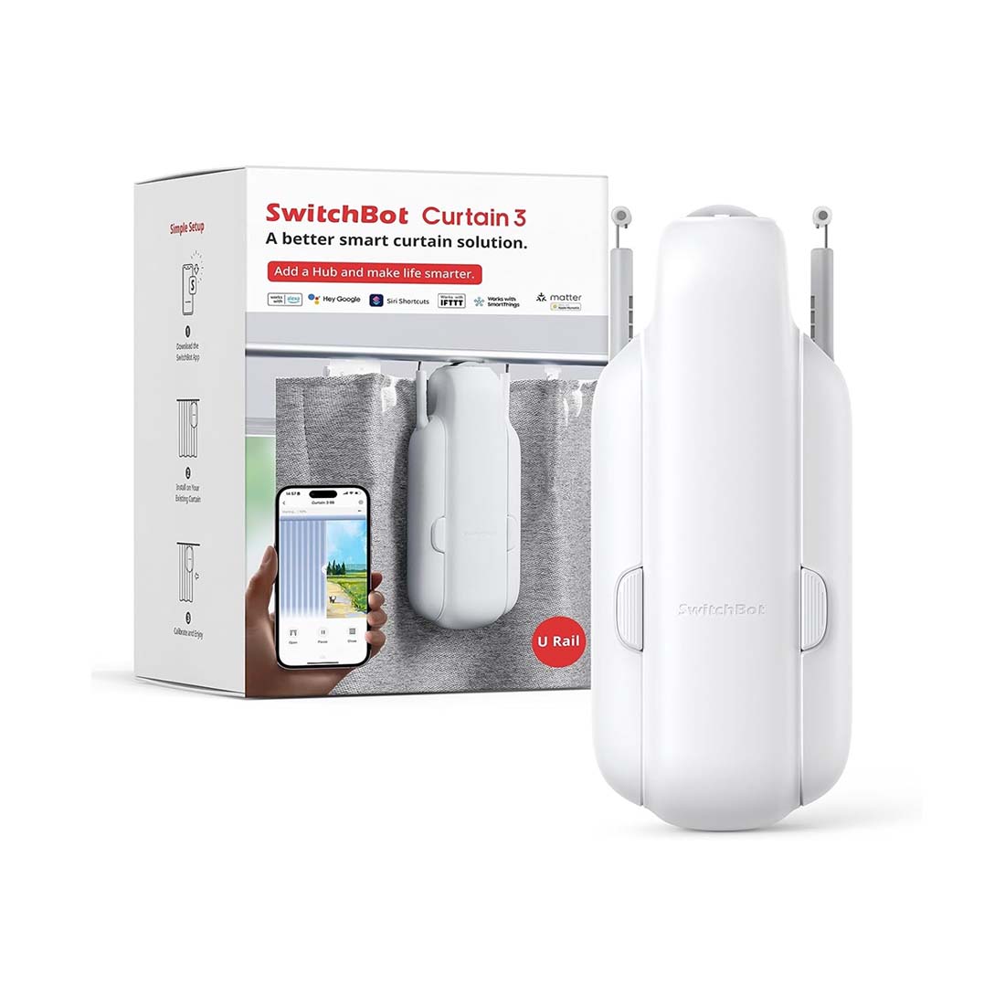 SwitchBot Curtain U Rail 3 - Smart Gardin - Automatisk Gardin - Hvid