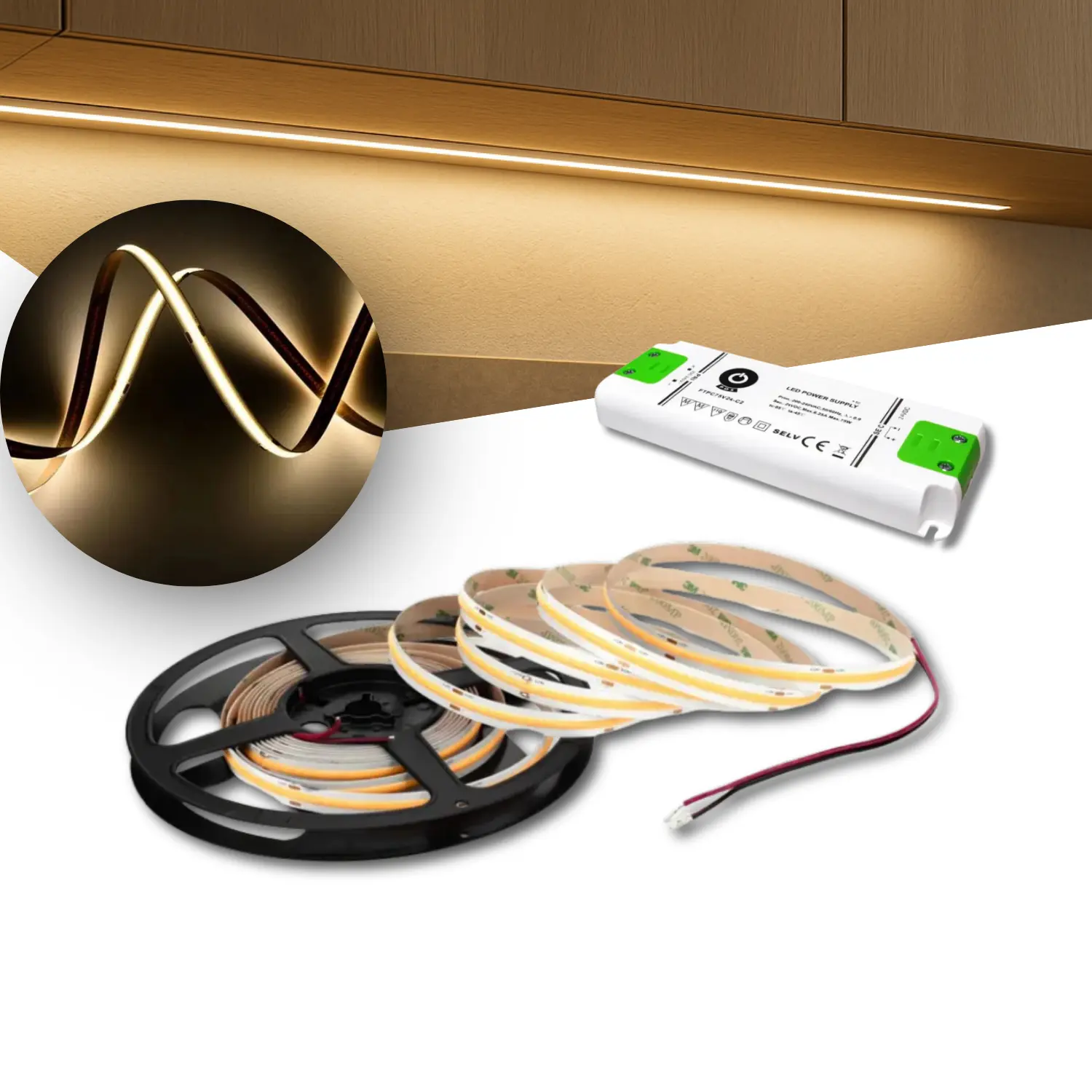 COB LED Strip Sæt - 6m - 3000K - 9W/m - 8mm - Inkl. Driver