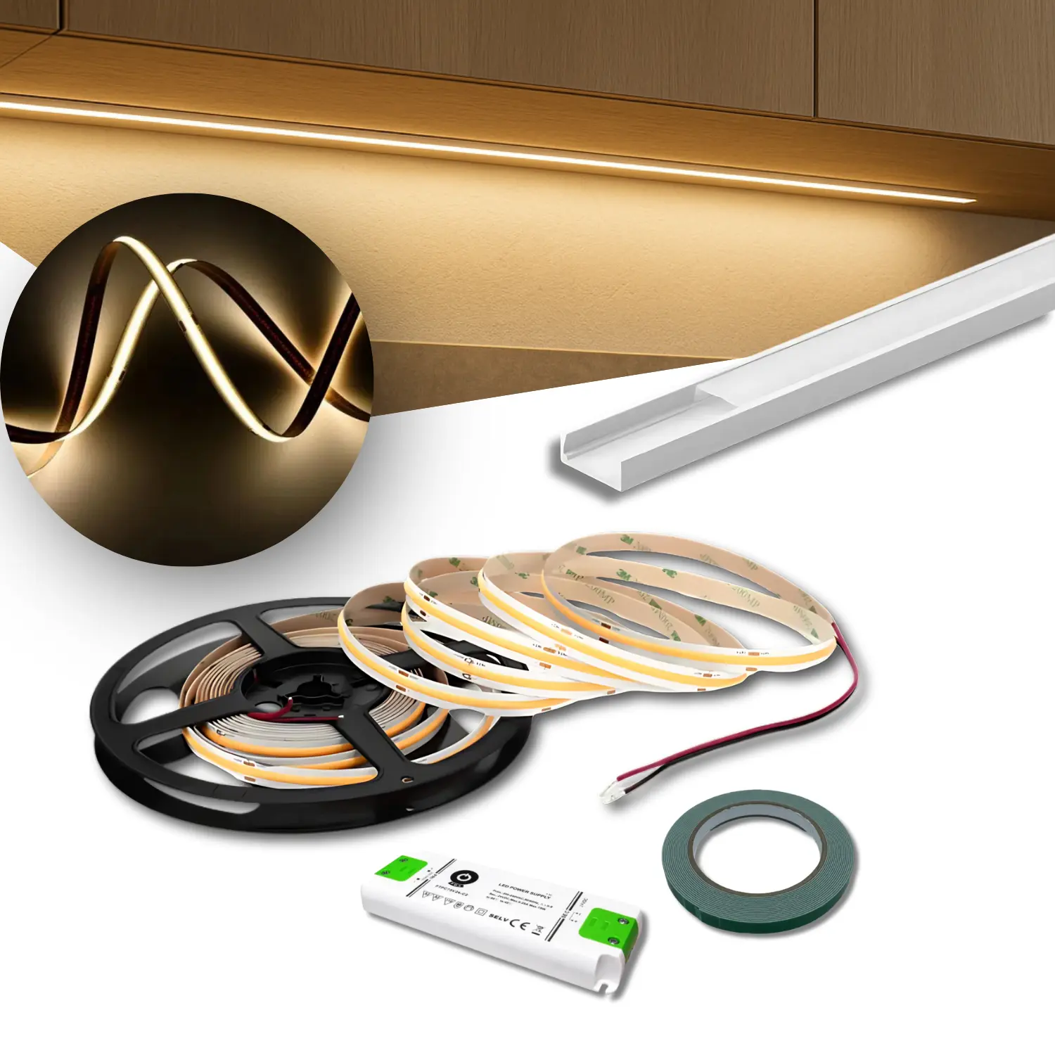 COB LED Strip Sæt - 6m - 3000K - 9W/m - 8mm - Inkl. Driver og Profil