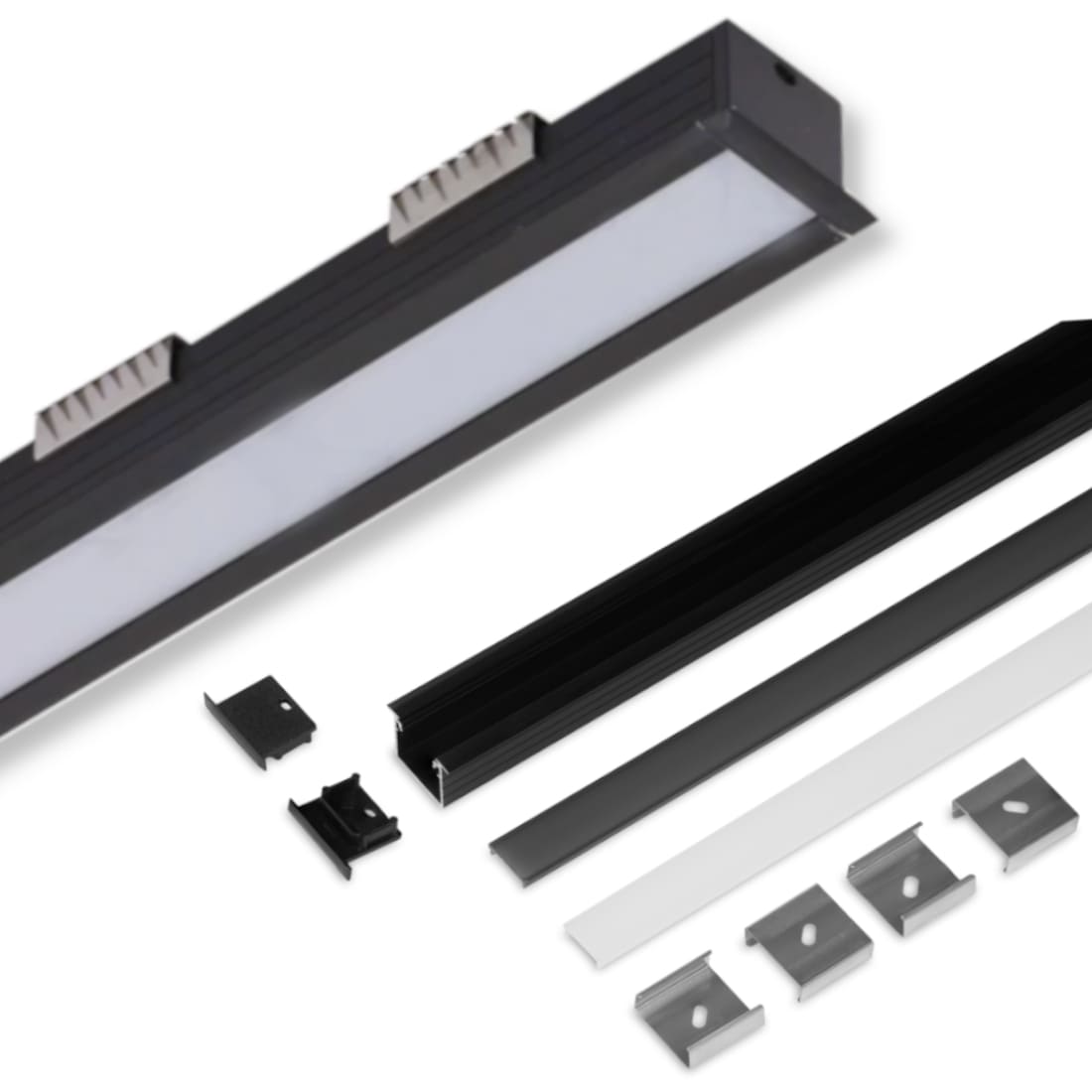 2m LED Skinne - 23x21mm - Sort - Til Indbyg - Sæt