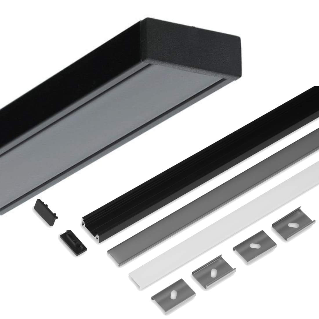 2m LED Skinne - 23x9mm - Sort - LED Profil til Påbyg - Sæt